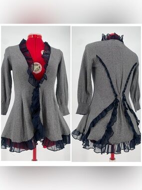 Anthropologie Guinevere Navy White Striped Flounce Ruffle Trim Seamed Cardigan